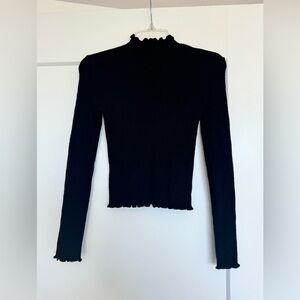 Cropped rib knit sweater with lettuce edge detail